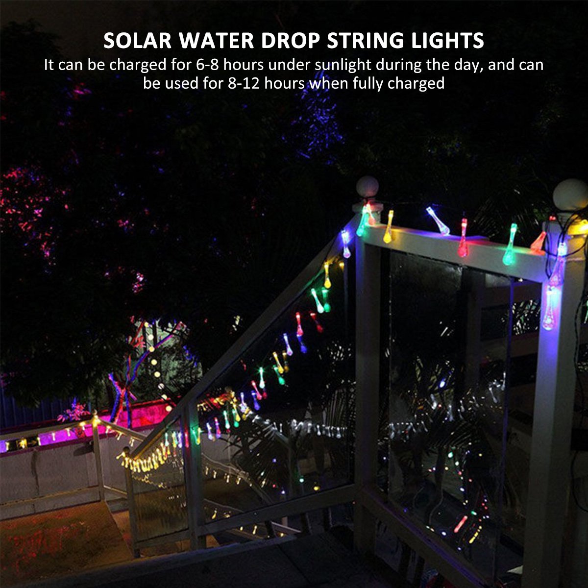 7m 50 LED SolarLights 8 Modes Waterproof Water Drop Solar Fairy String Lights for Garden Night Light Lamps