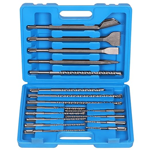 17 Pcs Rotary Hammer Drill Bits Set SDS Plus Carbide-Tipped Masonry Drill Bits and Chisels for Concrete, Stone, Brick, with Storage Case