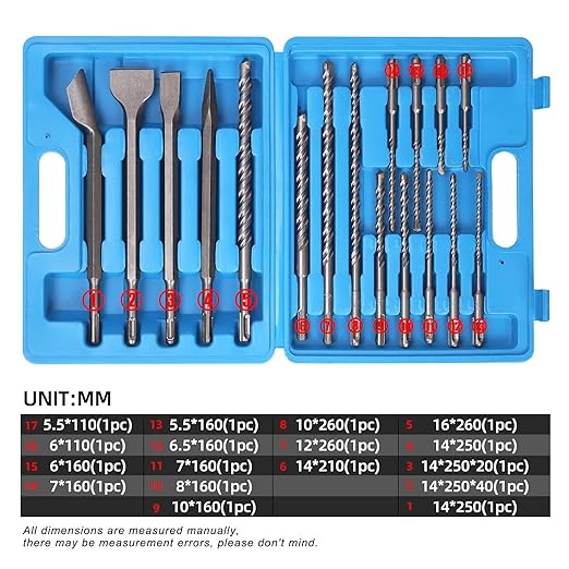 17 Pcs Rotary Hammer Drill Bits Set SDS Plus Carbide-Tipped Masonry Drill Bits and Chisels for Concrete, Stone, Brick, with Storage Case