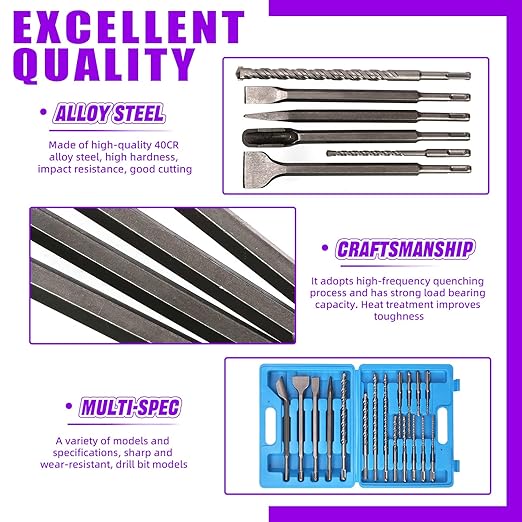 17 Pcs Rotary Hammer Drill Bits Set SDS Plus Carbide-Tipped Masonry Drill Bits and Chisels for Concrete, Stone, Brick, with Storage Case